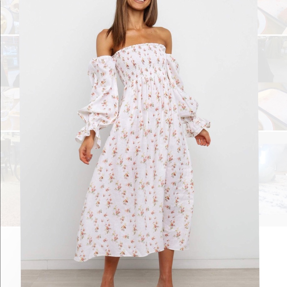 White Floral Off the Shoulder Petal and Pup Dress